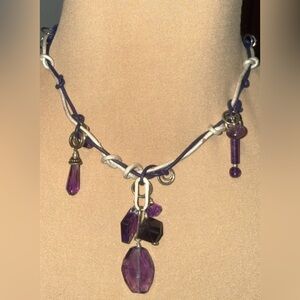 Artisan amethyst, leather and sterling silver necklace